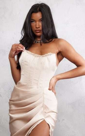 Satin bustier Champagne corset dress midi womencorset.com