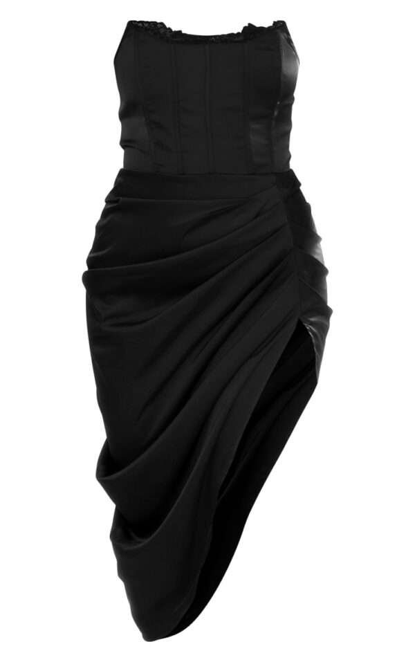 Satin bustier black corset dress draped Trim Corset Midi gownwomencorset.com