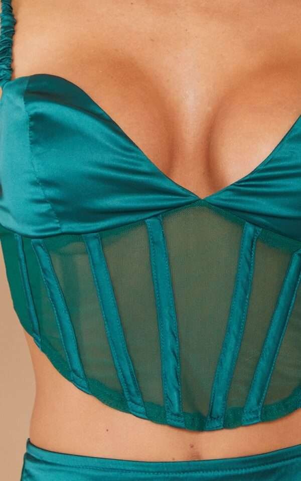 Satin Bustier teal blue mesh paneled corset Top womencorset.com