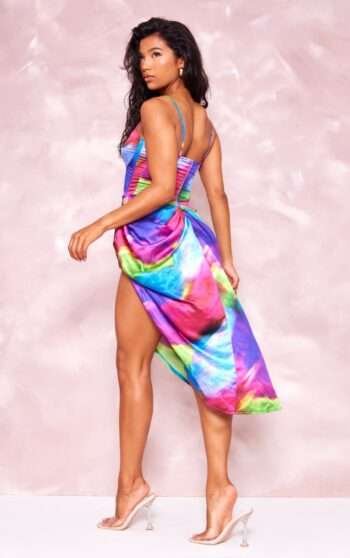 Satin bustier multi print ruched corset maxi dresswomencorset.com