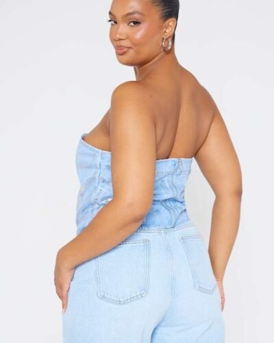 Strapless Plus Size Silver Foil Denim Corset top womencorset.com