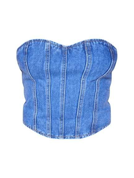 Strapless Denim Hook and Eye Corset Top woemcnorset.com