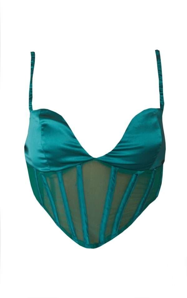 Satin Bustier teal blue mesh paneled corset Top womencorset.com