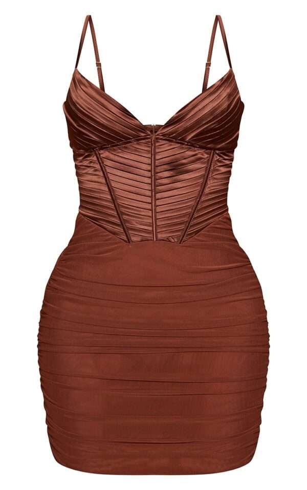 Satin Bustier Chocolate Pleat Detail bustier Bodycon Corset Dress womencorset.com