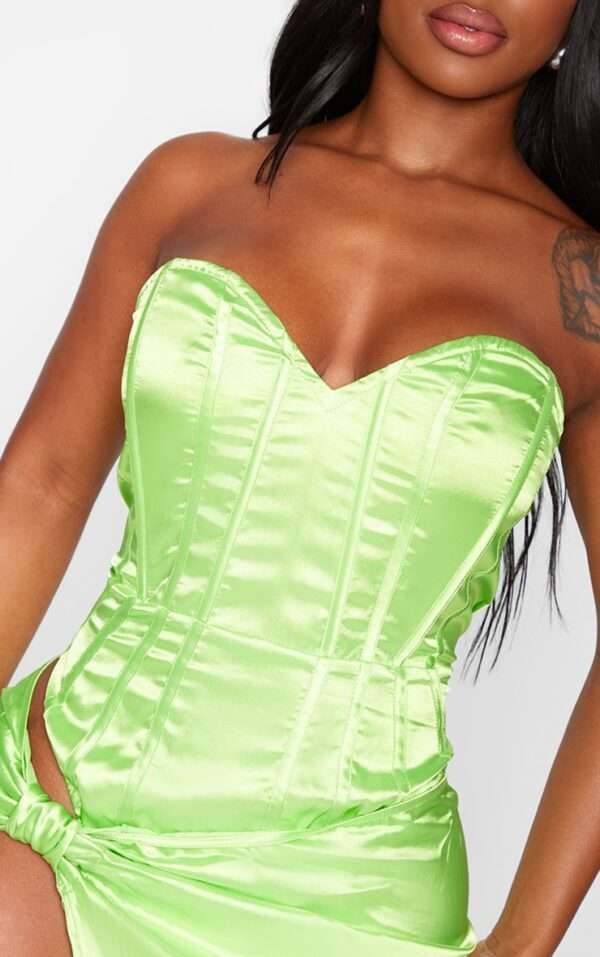 Neon Lime Satin Bustier Bandeau Corset Bodysuit womencorset.com