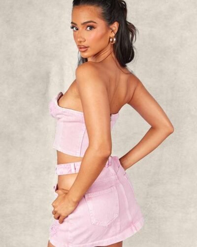 Pink Strapless cup denim corset top womencorset.com