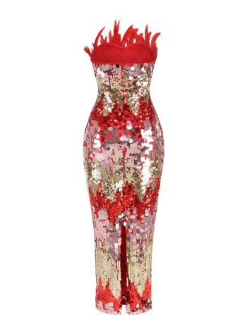 Red sequin feather fancy bodycon corset dress womencorset.com