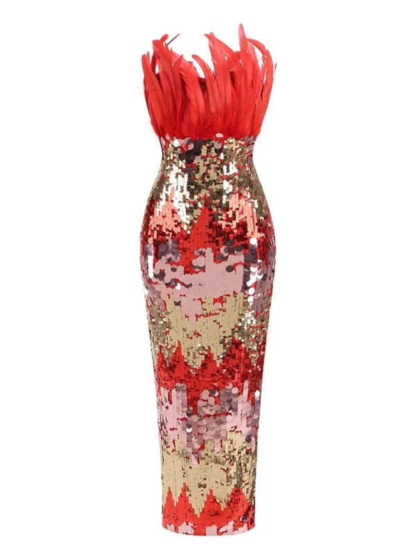 Red sequin feather fancy bodycon corset dress womencorset.com