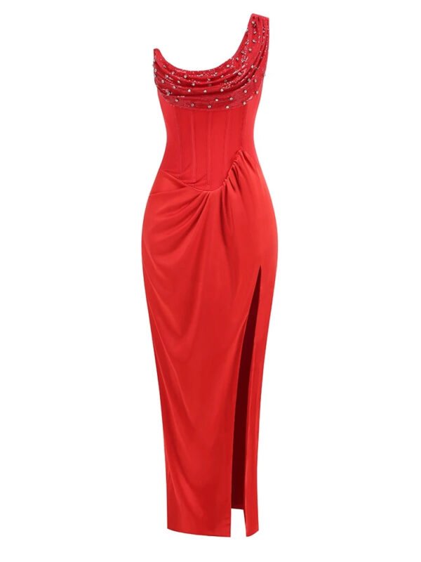 Fancy corset one shoulder red sequin bustier dress womencorset.com