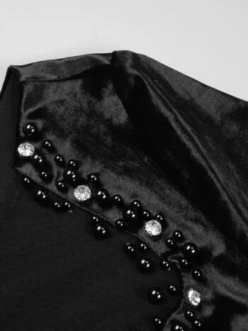 Black velvet boned bodice full sleeves fancy corset dress womencorset.com