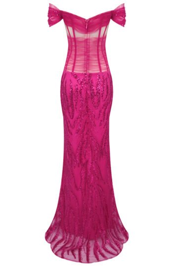 Hot pink bardot fancy corset dress sequin floor length maxi womencorset.com