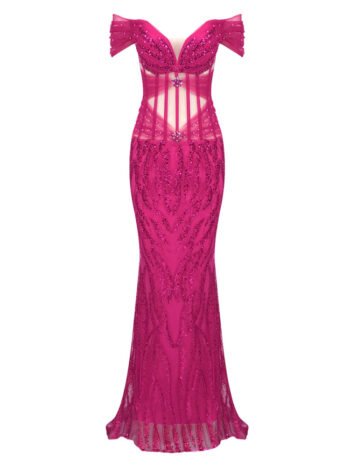 Hot pink bardot fancy corset dress sequin floor length maxi womencorset.com