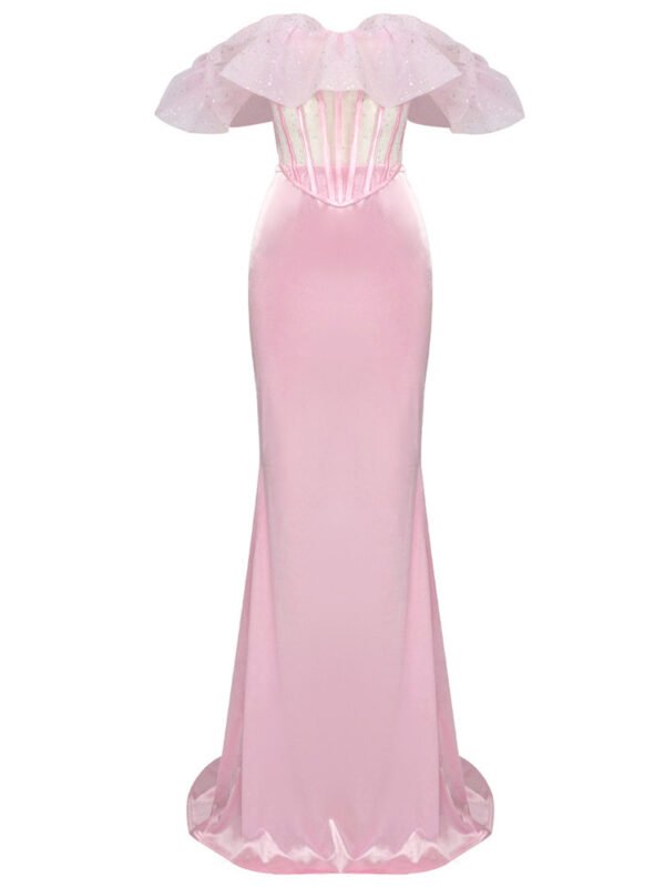 Pink Ruffle Bodice Fancy Corset Maxi Dress womencorset.com