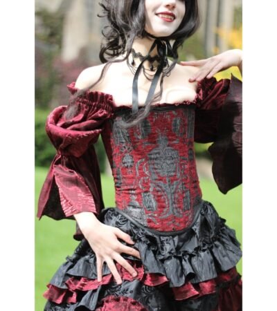 Red and Black Brocade Witch Halloween Corset Dress womencorset.com