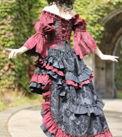 Red and Black Brocade Witch Halloween Corset Dress womencorset.com