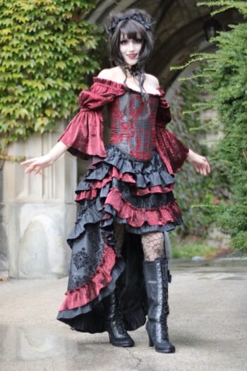 Red and Black Brocade Witch Halloween Corset Dress womencorset.com