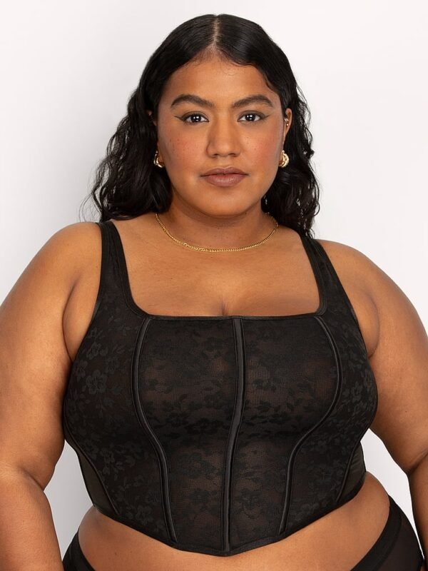 Black Mesh Corset Cropped Top For Women