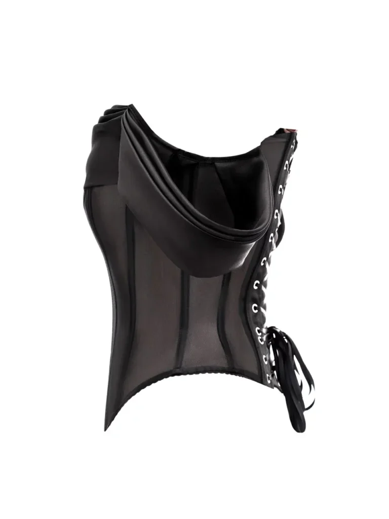 Black Mesh Corset Top With Draped Off Sleeves