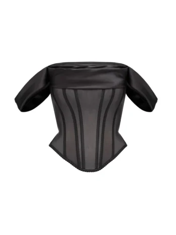 Black Mesh Corset Top With Draped Off Sleeves