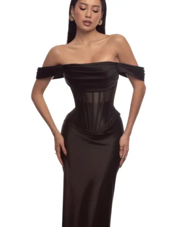 Black Mesh Corset Top With Draped Off Sleeves