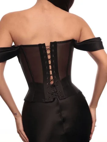 Black Mesh Corset Top With Draped Off Sleeves