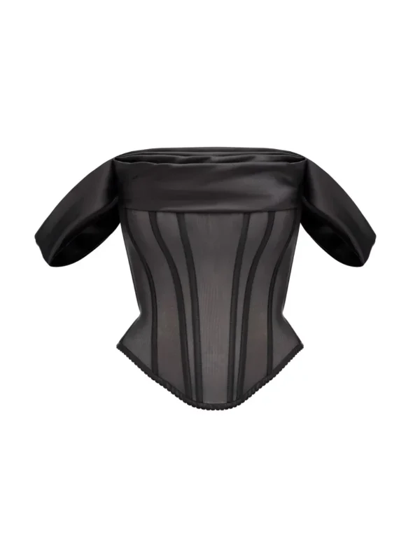 Black Mesh Corset Top With Draped Off Sleeves