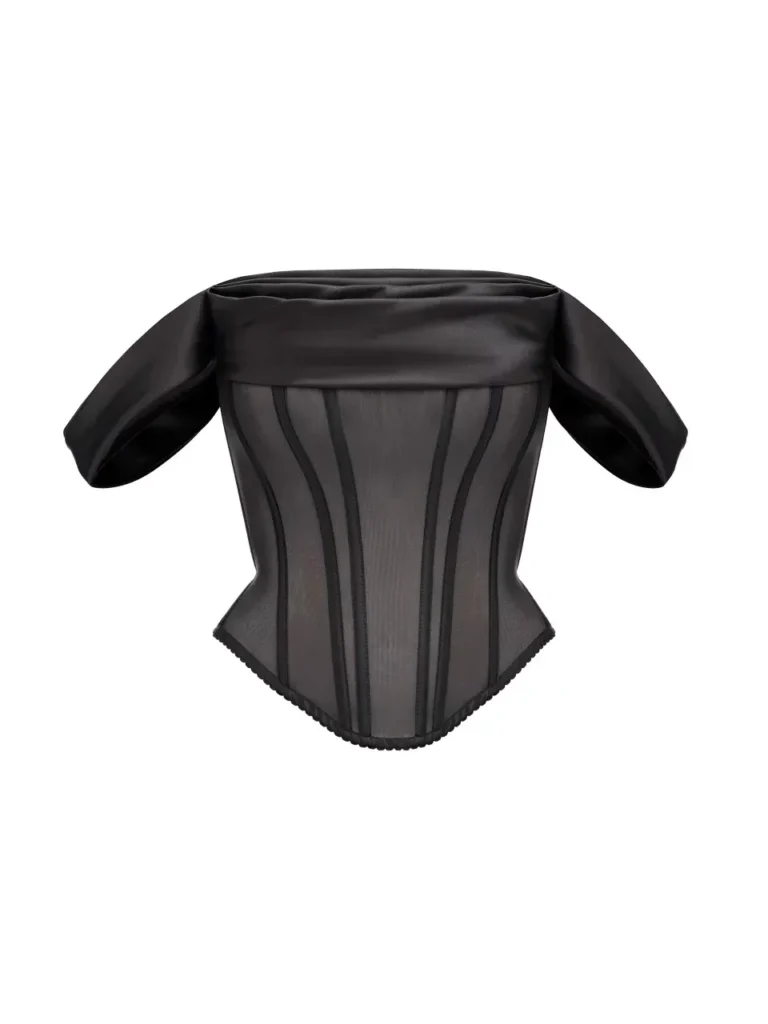 Black Mesh Corset Top With Draped Off Sleeves