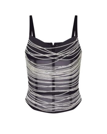 Black Mesh Corset Top with Crystal Strands