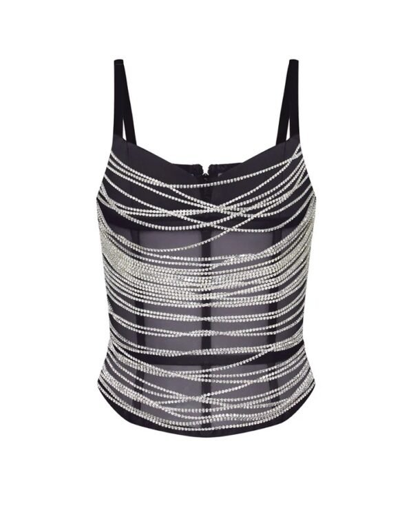 Black Mesh Corset Top with Crystal Strands