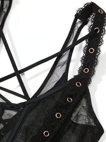 Black Mesh Grommet Strappy Corset Top