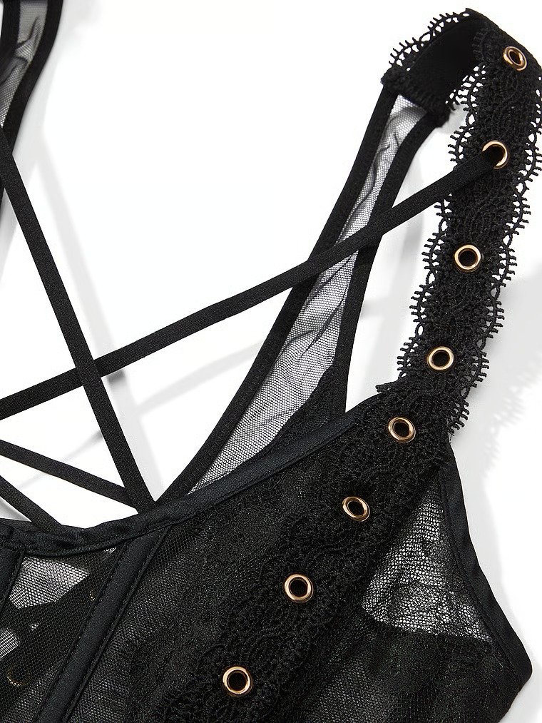 Black Mesh Grommet Strappy Corset Top