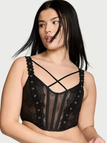 Black Mesh Grommet Strappy Corset Top