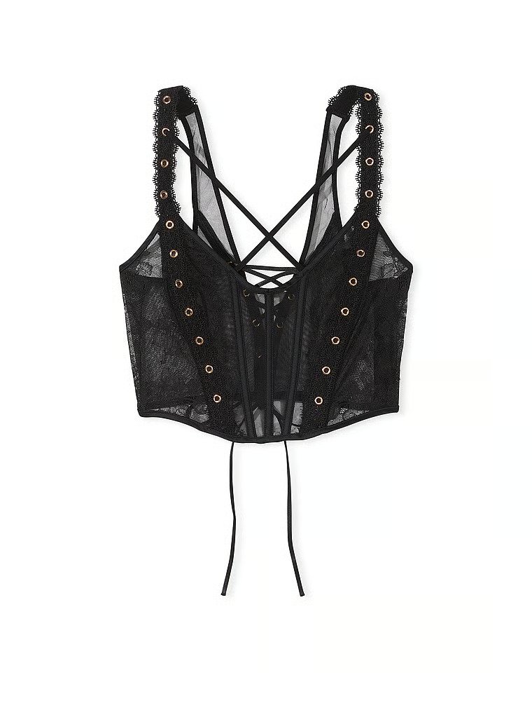 Black Mesh Grommet Strappy Corset Top