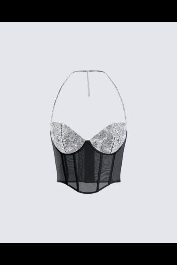Black Mesh Rhinestone Corset Top