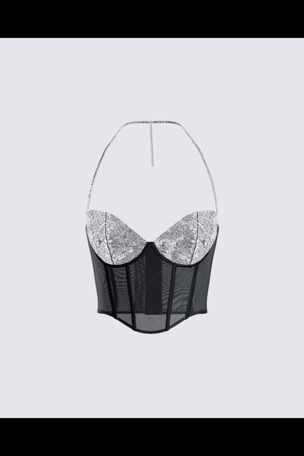 Black Mesh Rhinestone Corset Top