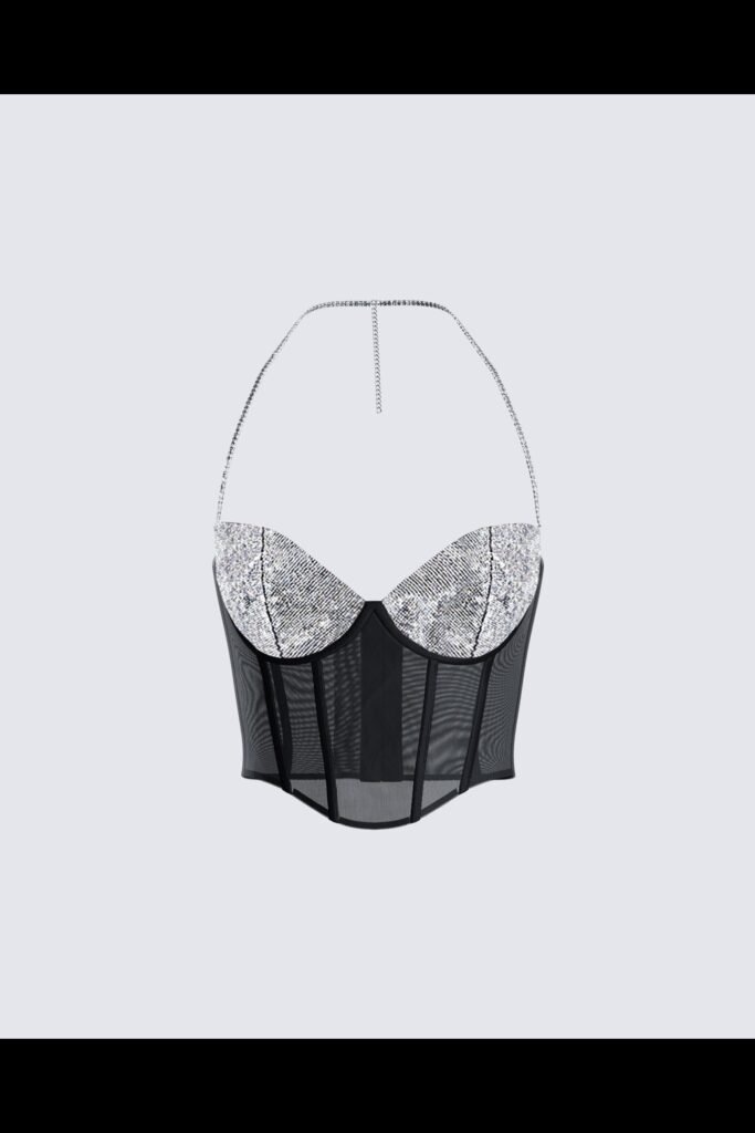 Black Mesh Rhinestone Corset Top