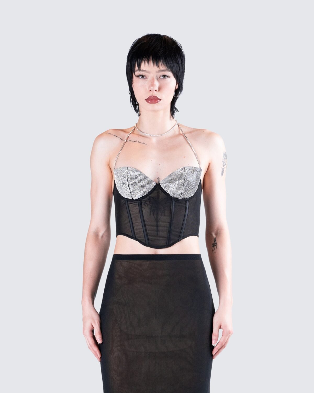Black Mesh Rhinestone Corset Top