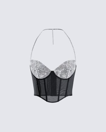 Black Mesh Rhinestone Corset Top