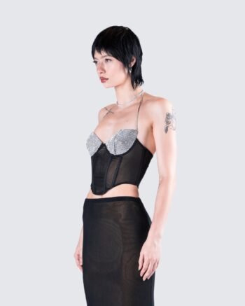 Black Mesh Rhinestone Corset Top