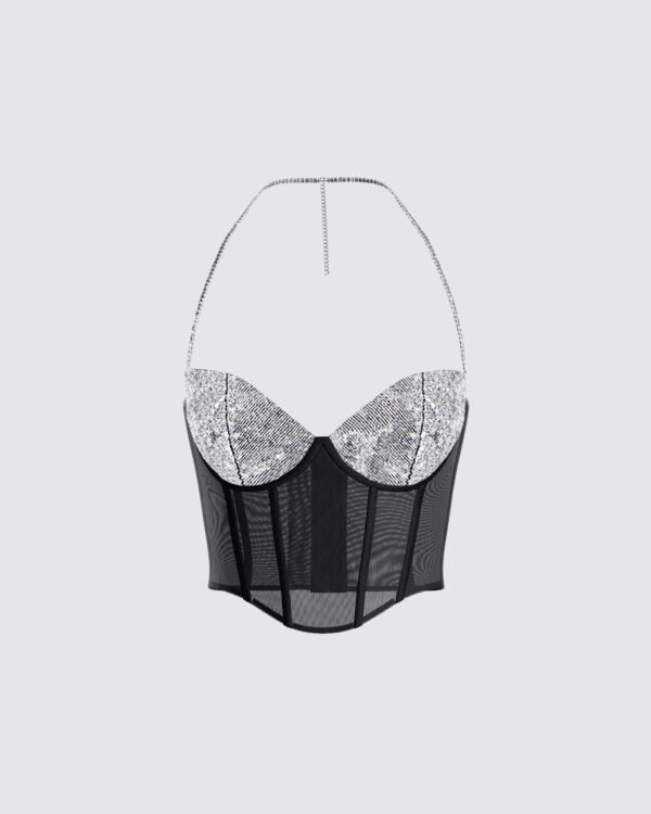 Black Mesh Rhinestone Corset Top