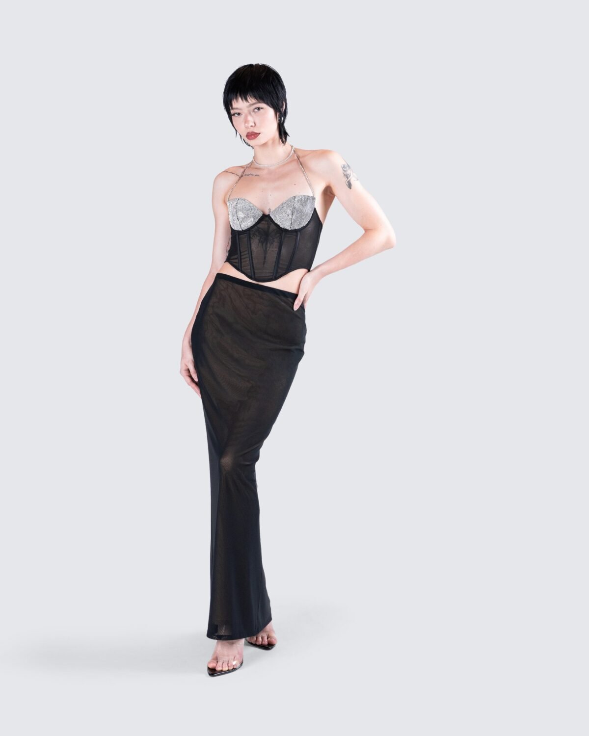 Black Mesh Rhinestone Corset Top