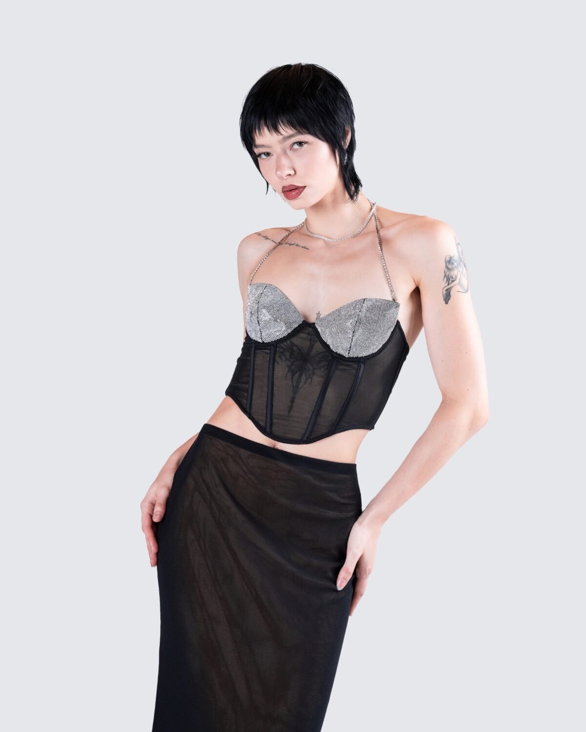 Black Mesh Rhinestone Corset Top