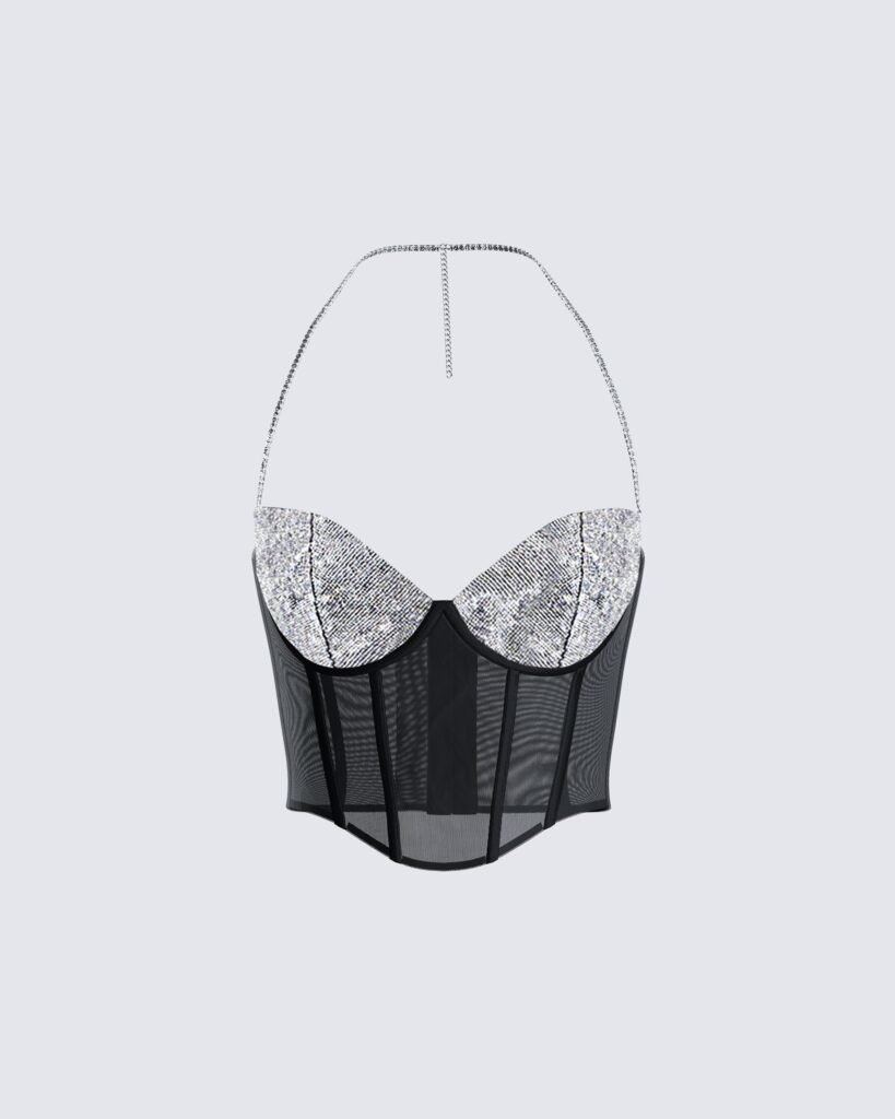 Black Mesh Rhinestone Corset Top