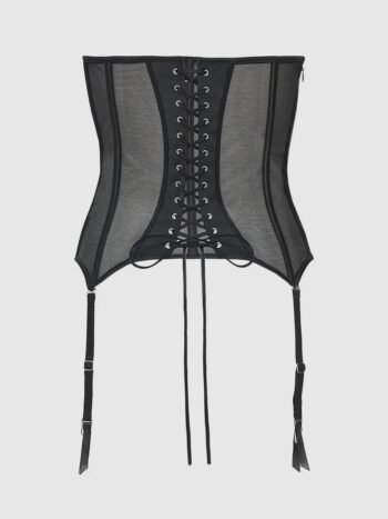 Mesh Braless Women Corset Long Black Torso With Garters