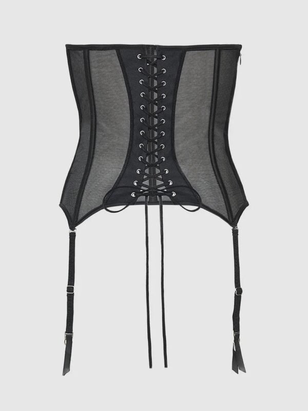 Mesh Braless Women Corset Long Black Torso With Garters