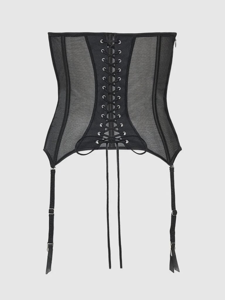Mesh Braless Women Corset Long Black Torso With Garters