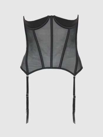 Mesh Braless Women Corset Long Black Torso With Garters