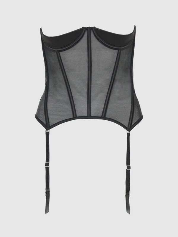 Mesh Braless Women Corset Long Black Torso With Garters