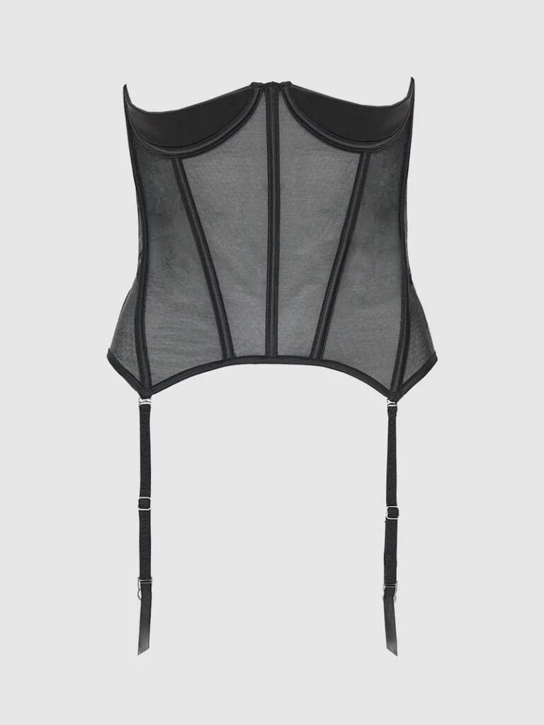 Mesh Braless Women Corset Long Black Torso With Garters