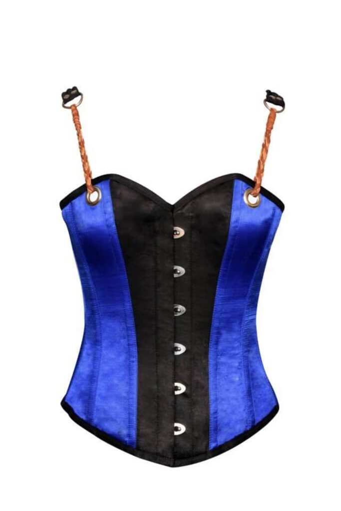 Blue Black Satin Bustier Leather Shoulder Straps Steampunk Corset Top